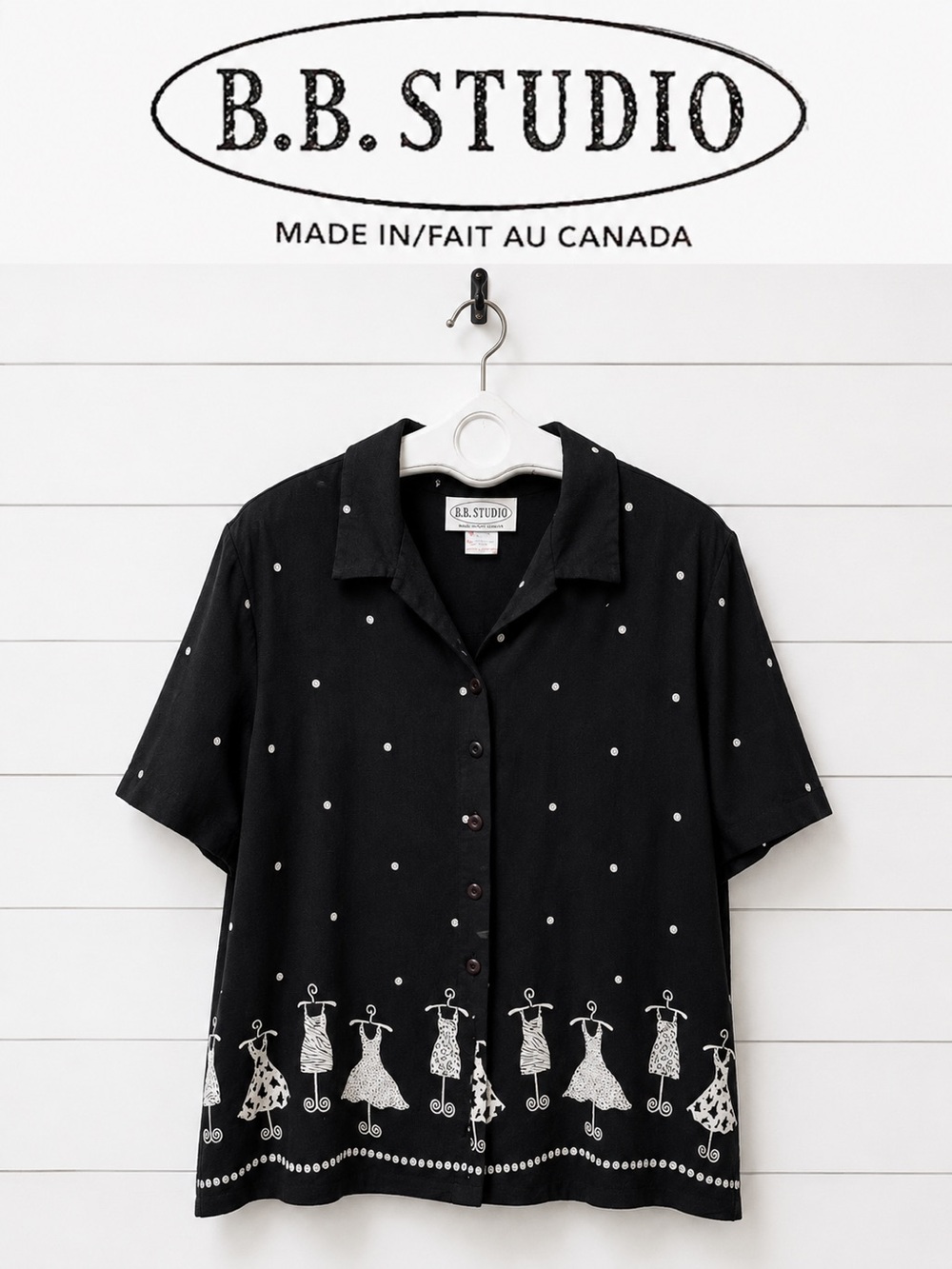 Blouse B.B. STUDIO Fabriquée au Canada Noire à Motifs Taille 24